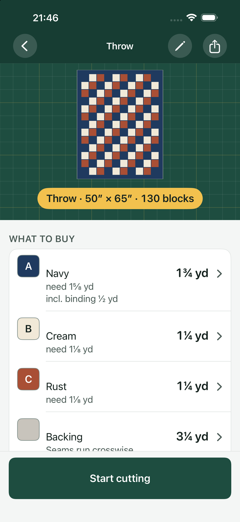 What to buy: yardage for Navy, Cream, Rust, and backing.